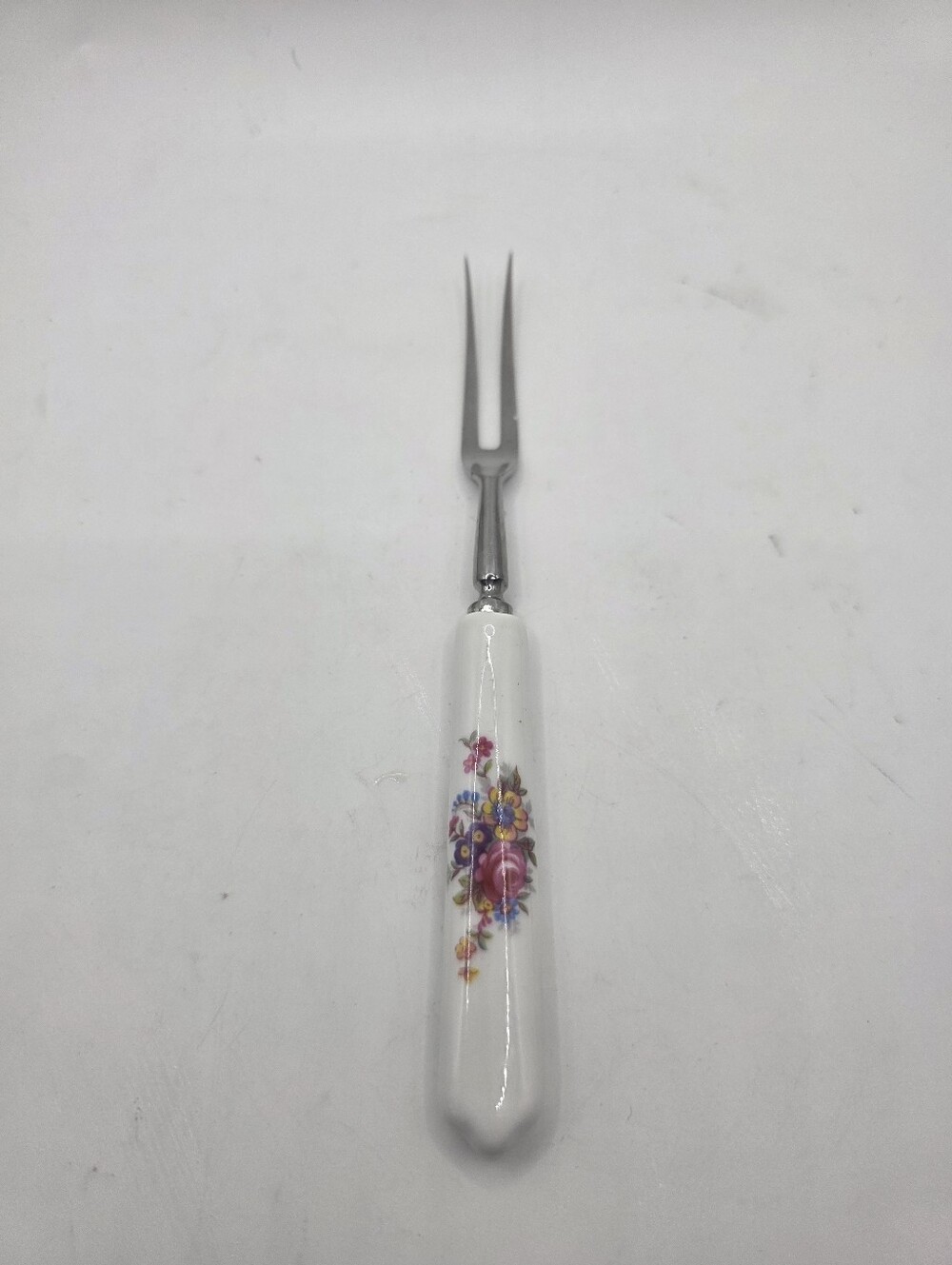 Vintage Royal Crown Derby Posies Porcelain Handle Fruit Fork Stainless 6.25"